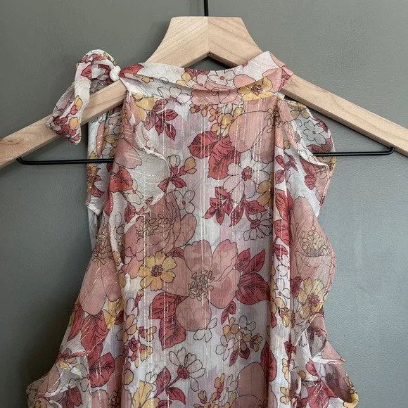 VERONICA BEARD Dali Top Floral Silk Sz 6 Pink Metallic Tie Neck Sleeveless Bouse - Picture 11 of 14